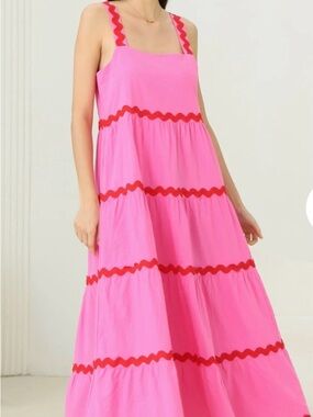 iris Pink Maxi Dress with Red Trim